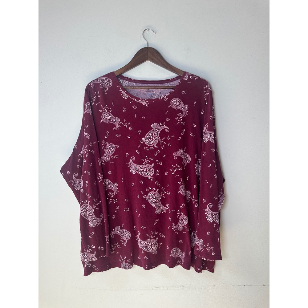 🎃Classic Tee Burgundy Paisley Cotton Long Sleeve Top Plus Size 3X